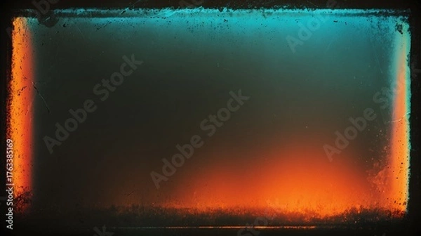 Fototapeta Moody abstract background with warm orange and cool blue gradient. Textured border with scratches and dust adds a vintage feel. Dark and atmospheric.