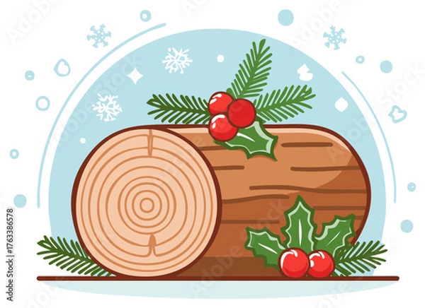Fototapeta Festive Yule Log Cake Decorated with Holly Berries and Evergreen Sprigs on Snowy Backdrop