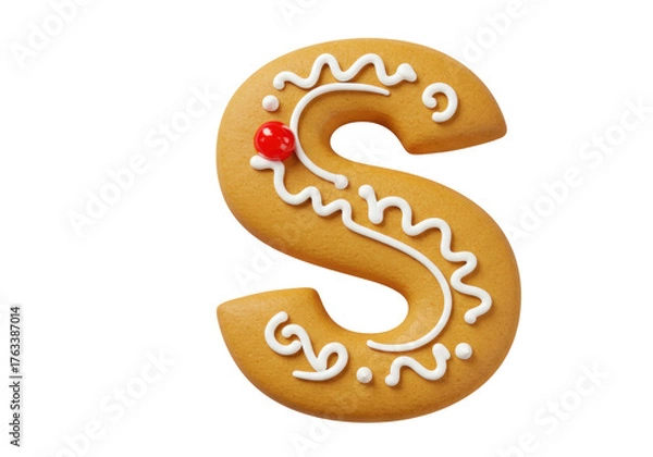 Fototapeta Isolated ginger biscuit in the shape of the letter S, decorated with red and white icing