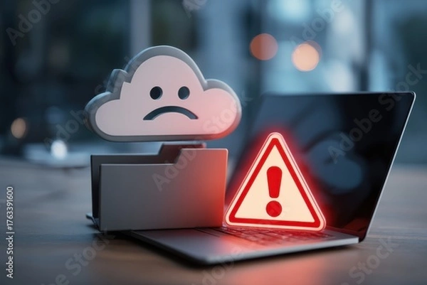 Obraz Cloud Storage Data Risk Alert: Warning Sign and Unhappy Cloud Icon on Laptop, Data Breach Warning, System Failure and Cloud Security, Information Leak Threat, Data Loss Problem, Data Protection