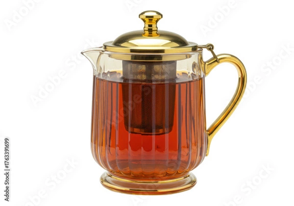Fototapeta Isolated glass teapot with golden elements filled with dark tea on a neutral background