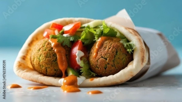 Obraz Enjoy delicious falafel pita with fresh vegetables and flavorful sauce for a healthy and satisfying meal anytime