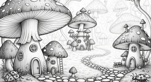 Fototapeta Whimsical fantasy mushroom village with intricate details and a winding cobblestone path leading to a castle