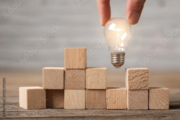 Obraz Building Blocks Lightbulb Idea Concept Inspiration Hand Stacking Cubes Strategy Thinking Creative Process Development Success Planning Solution