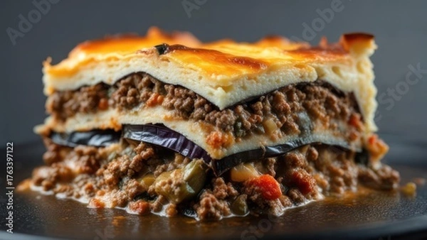Obraz Enjoy a slice of authentic moussaka with delicious eggplant and rich meat sauce for your next gathering