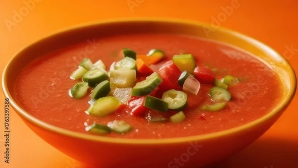 Obraz Enjoy a refreshing bowl of vibrant gazpacho with fresh vegetables on a bright orange background