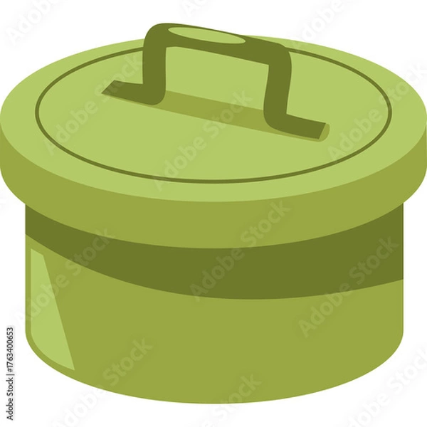 Fototapeta A simple cartoon illustration of a round olive green lunchbox with a carry handle against a transparent background