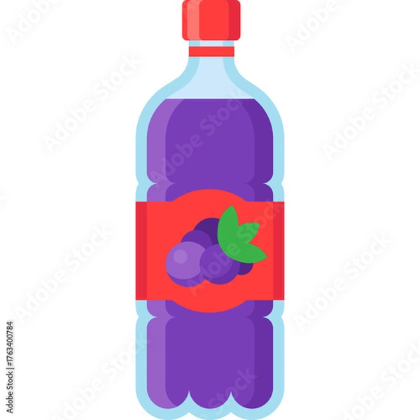 Fototapeta A purple grape flavored beverage in a clear plastic bottle with a red label featuring grape illustrations and a green leaf on a transparent background