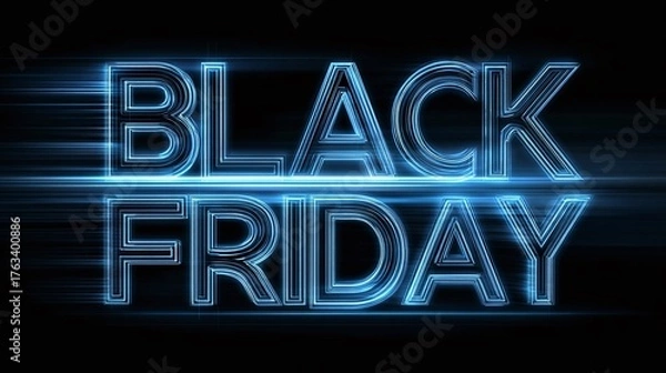 Fototapeta Luminous "Black Friday" text with neon blue glow and a horizontal streak across a stark black background. Striking visual for shopping promotions.