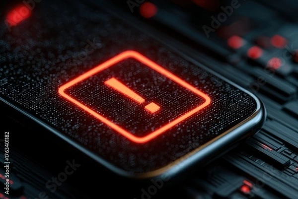 Obraz Detailed Macro Shot of a Smartphone Screen Displaying Red Alert Exclamation Point Symbol, Highlighting Potential Security Flaw or Software Malfunction in Digital Gadget