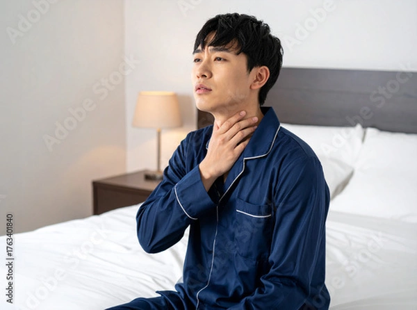 Obraz 寝起きで喉が痛い男性