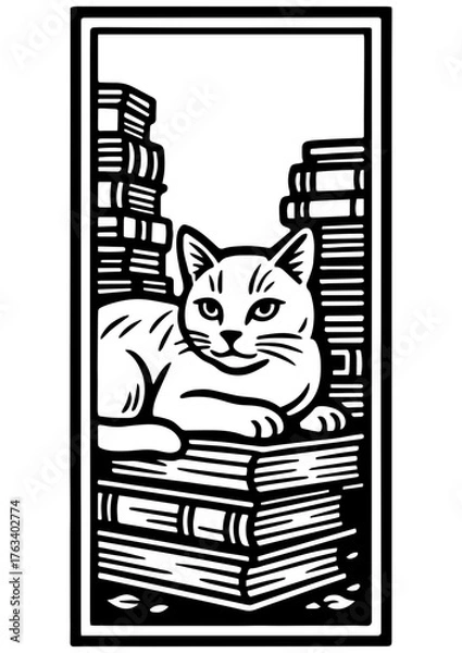 Fototapeta Black and white vector bookmark with proud cat sitting among books, perfect for engraving, prints, laser engrave, for book lovers