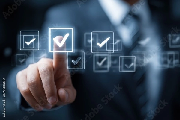 Fototapeta Selecting Digital Options A Businessman's Touch on Virtual Checkboxes Compliance and Accuracy in Online Forms Ensuring Correct Choices via Touchscreen Interface for Precise Digital Decision-Making