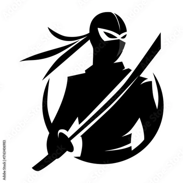Fototapeta Ninja Warrior Silhouette with Katana Emblem