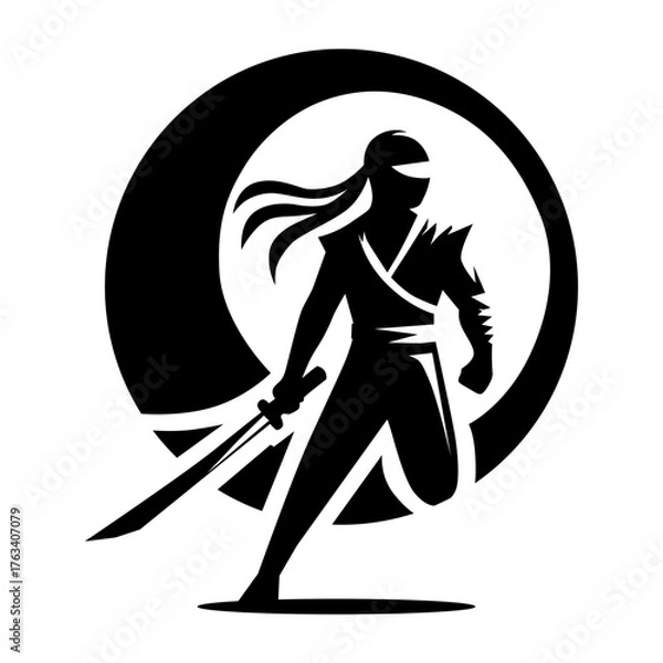 Fototapeta Dynamic Ninja Warrior Silhouette with Dual Katanas