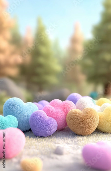 Fototapeta Pastel fuzzy hearts in forest meadow – soft dreamy texture and gentle light on blurred background. Romantic spring concept for design use
