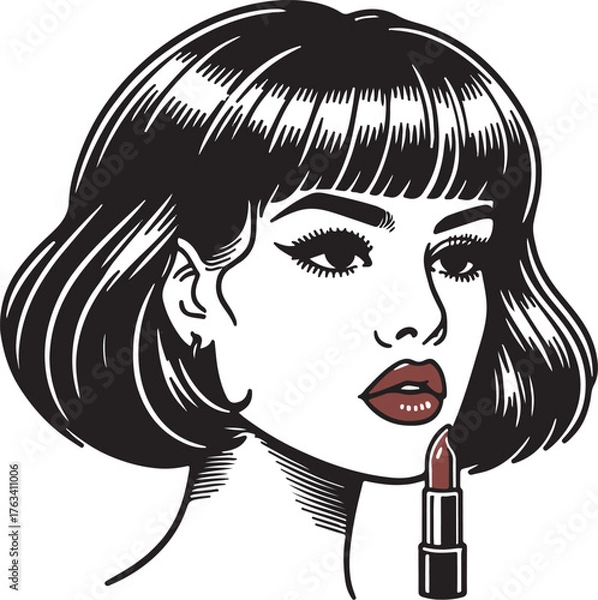 Obraz Retro 90s female face, bob haircut with bangs, lipstick detail, minimalist vector outline