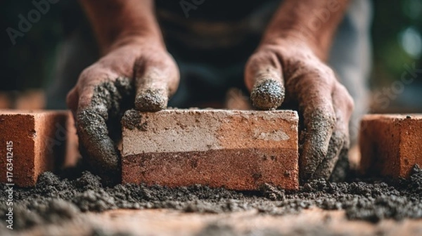 Fototapeta Craftsman laying bricks with mortar, creating a strong structure. Hands covered in construction material. Building something solid and lasting.