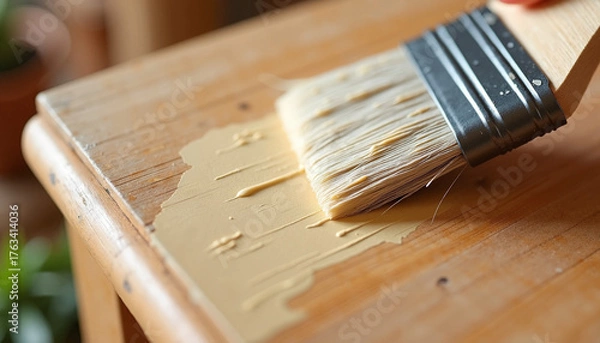 Fototapeta Applying wood stain for restoration project on wooden surface, using wood stain with brush for furniture renovation. Wood stain process revives worn surfaces and enhances beauty of natural wood.