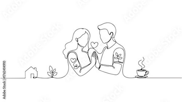 Fototapeta Loving couple's continuous line art symbolizing home, growth, and shared moments over coffee.