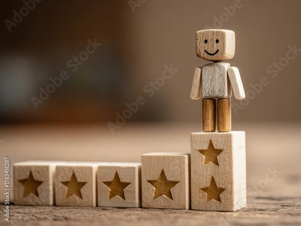 Obraz Customer Satisfaction Levels Wooden Blocks Star Ratings Product Review Service Quality Feedback Positive Experience Evaluation Business Reputation Success