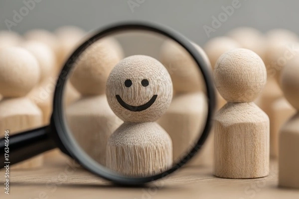 Fototapeta Customer Experience Focus Finding Talent Smiling Person Recruit Excellent Candidate Identifying Potential Individual Wooden Figure Right Candidate Search Human Resources