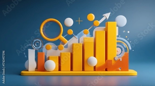 Obraz Growth Chart Success Data Analysis Bar Graph Visualization Diagram Finance Investment Statistics Profit Progress Rising Trend Report Magnifier Element