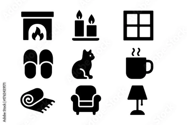 Obraz Cozy home silhouette icon set. featuring fireplace, candles, window, slippers, cat, mug, rug, armchair, and lamp symbols