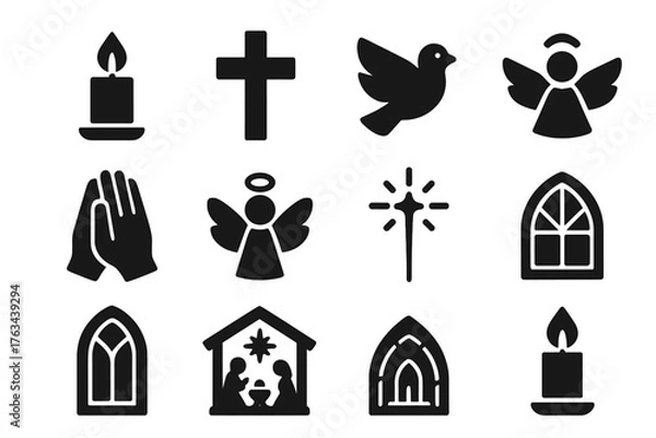 Obraz Christmas silhouette icon set. featuring candle, cross, dove, angel, praying hands, nativity, church window.
