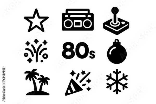 Obraz 80s silhouette icon set. featuring star, boombox, joystick, fireworks, ornament, palm trees, party hat, snowflake