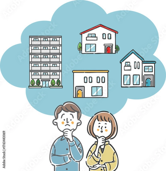 Obraz マイホーム選びに悩む夫婦　ベクター
