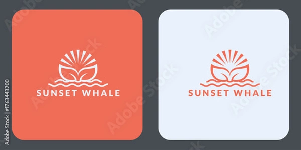 Obraz Minimalist Whale Tail Logo with Radiant Sun and Water Waves.