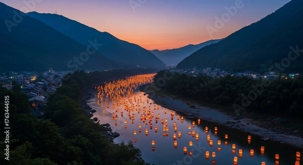 Obraz River lanterns floating at dusk mountain scenery
