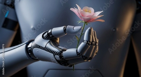 Obraz Robot hand holding flower artificial intelligence concept