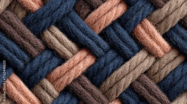 Fototapeta Interwoven woolen threads create a textured, abstract background pattern.
