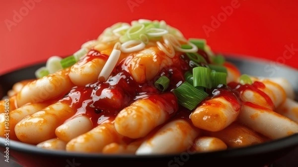 Obraz Savory Korean Tteokbokki with spicy sauce and fresh scallions, a delicious street food delight