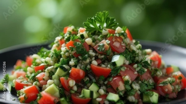 Obraz Vibrant, fresh tabbouleh salad bursting with juicy tomatoes, crisp cucumber, and fluffy couscous, perfect for healthy Mediterranean dining.
