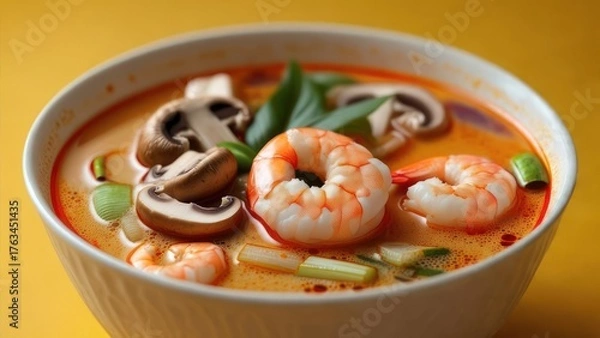 Obraz Savor the vibrant flavors of a steaming bowl of Tom Yum soup brimming with succulent shrimp, earthy mushrooms, and fresh herbs, perfect for culinary inspiration.