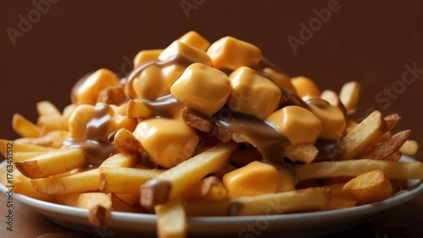 Obraz Indulge in a mouthwatering plate of classic poutine with crispy fries, squeaky cheese curds, and rich gravy, perfect for any casual dining scene.