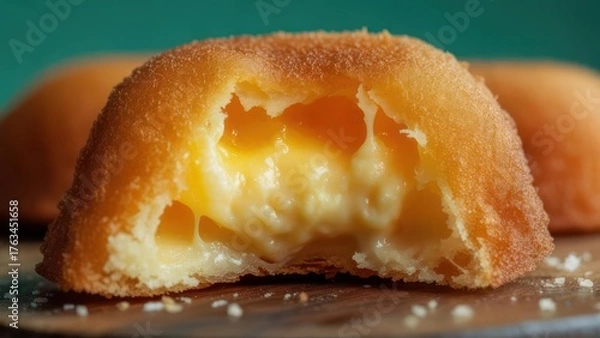 Obraz Indulge in the decadent, creamy filling of a golden, freshly baked pastry, a delightful sweet treat for any occasion.