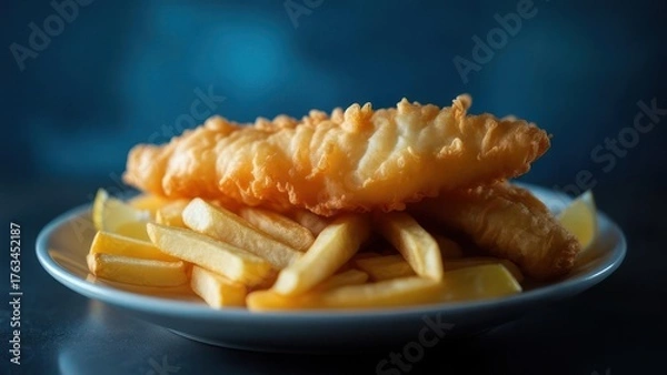 Obraz Delicious golden crispy fish and chips served with fresh lemon wedges on a white plate, perfect for restaurant menus and food blogs