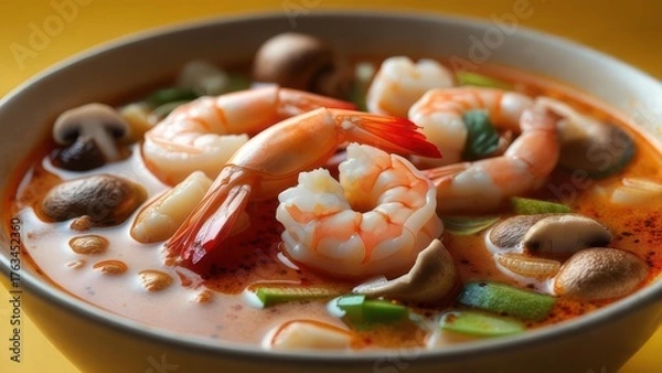 Obraz Indulge in a steaming bowl of vibrant Thai Tom Yum soup brimming with succulent shrimp, earthy mushrooms, and zesty lime for an unforgettable culinary experience.