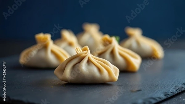 Obraz Delicate Georgian khinkali dumplings artfully arranged on a dark slate surface, ready to be savored, evoking warmth and culinary delight.