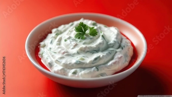 Obraz Creamy herb dip with fresh parsley garnish in a white bowl against a vibrant red background, perfect for appetizers and snacks.