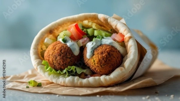 Obraz Delicious falafel pita wrap bursting with fresh vegetables and creamy sauce, a perfect street food delight.