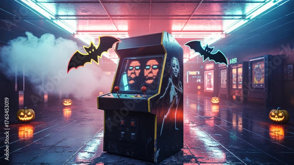 Fototapeta Haunted arcade with flickering neon lights, ghostly players, retro game screens glowing in the dark