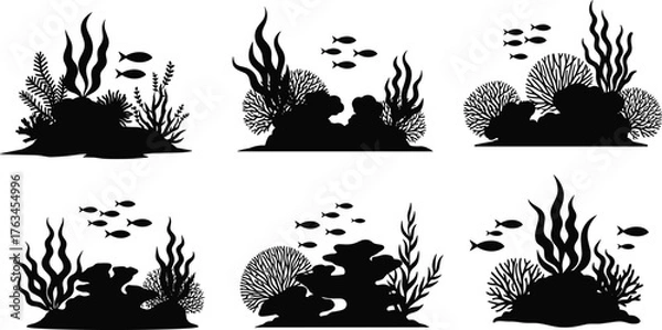 Obraz Underwater coral reef silhouette illustration, marine biodiversity scene, ocean fish, seaweed, black vector set, aquatic ecosystem, nature graphic design