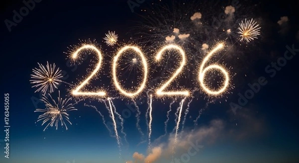 Obraz Happy New Year 2026 Fireworks Display with Bright Sky Celebration