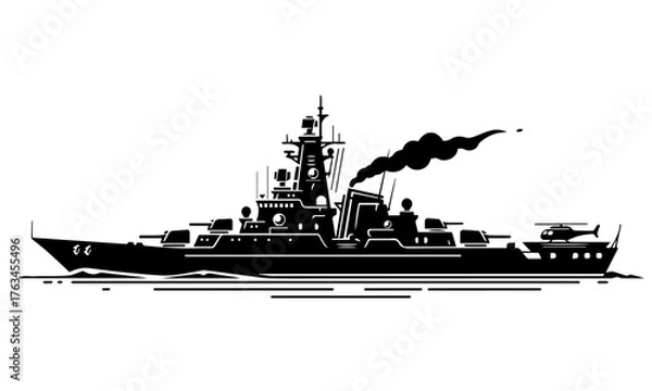 Fototapeta Monochrome Destroyer Warship Silhouette with Smoke and Helicopter