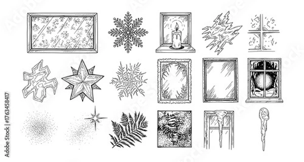 Fototapeta Hand drawn winter elements collection featuring windows, snowflakes, and candle designs